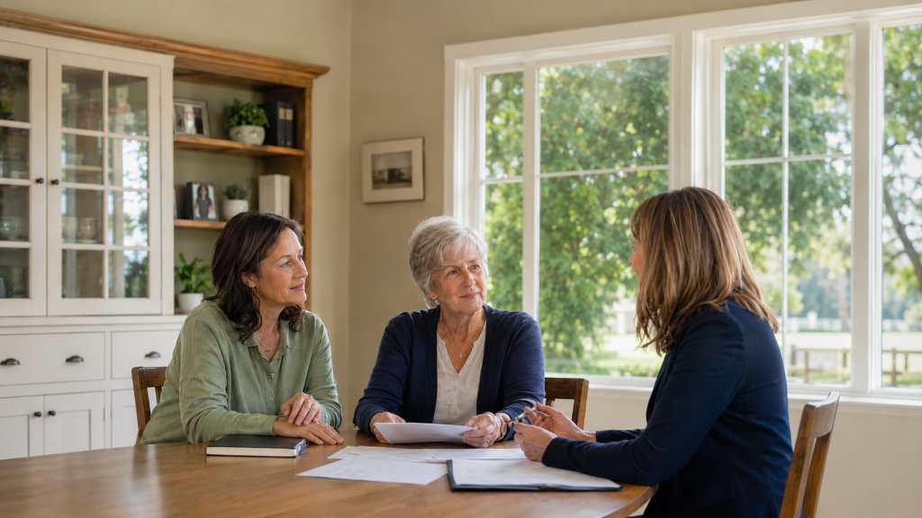 Mom and daughter discussing long-term care planning with a professional advisor
